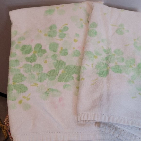 Vintage 70s Halston For Fieldcrest Towel Set of 3 Green Floral Light Pink 2 Bath - Picture 4 of 8